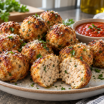 Albóndigas de pollo doradas servidas en un plato