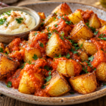 Patatas bravas en cubos dorados con salsa brava y alioli