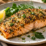 Salmón con costra dorada de hierbas y mostaza en freidora de aire