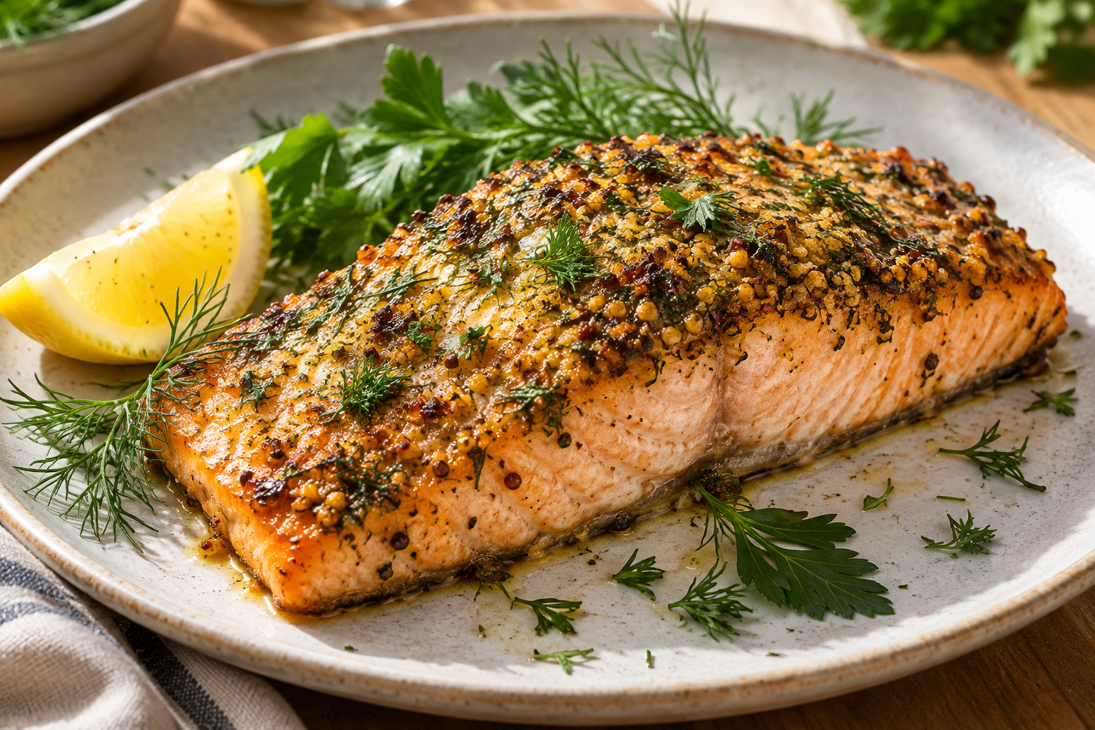 Salmón con costra de hierbas y mostaza en freidora de aire