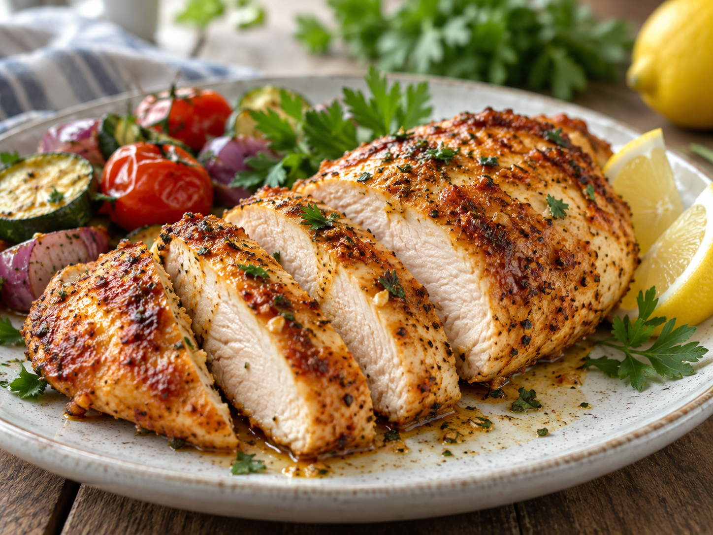 Pechuga de pollo jugosa en freidora de aire con ajo y limón